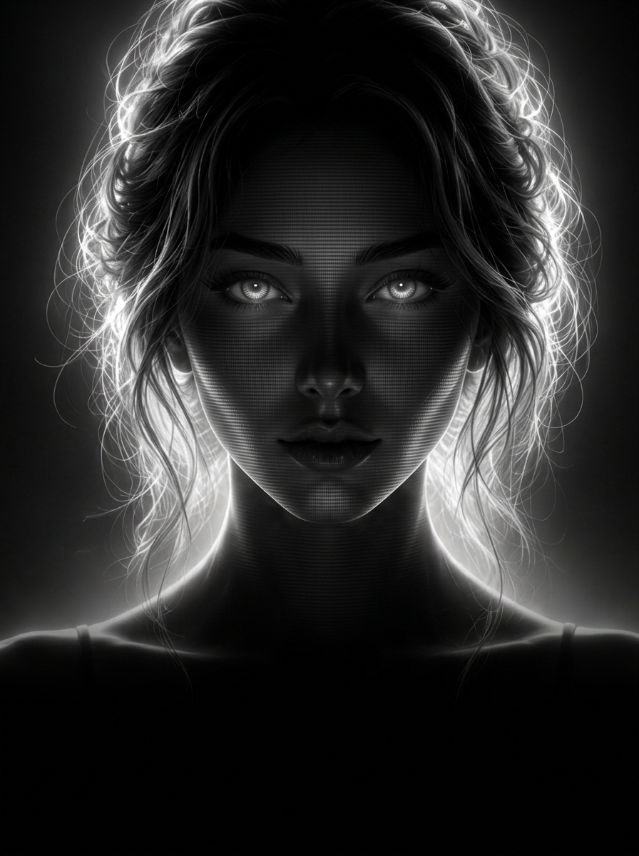 A glowing figure with luminous eyes looking straight ahead