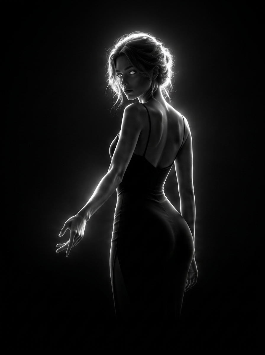A luminous figure in a black slip dress glancing back with a graceful poised hand
