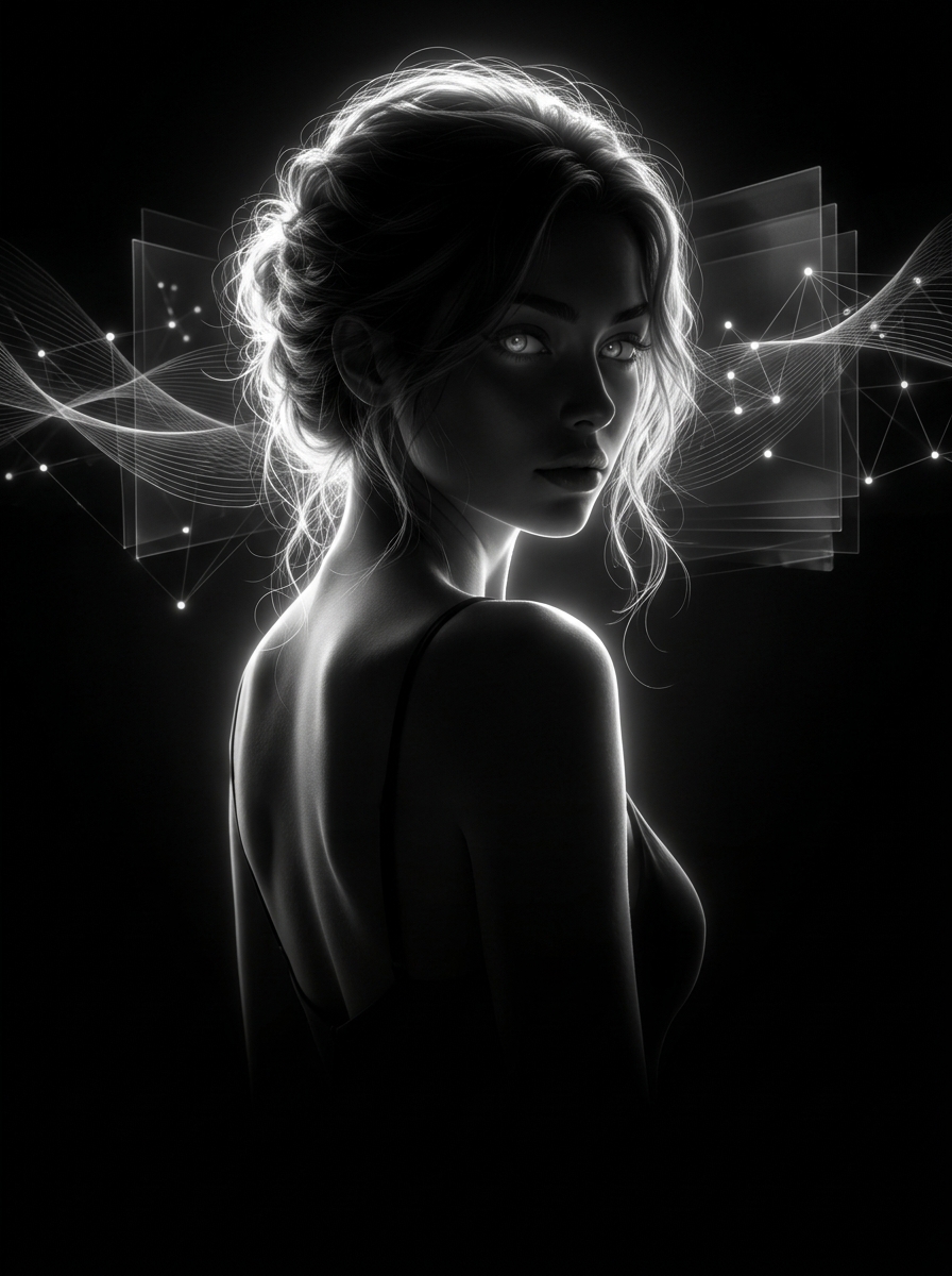 A figure glancing back over her shoulder, layers of memory behind her